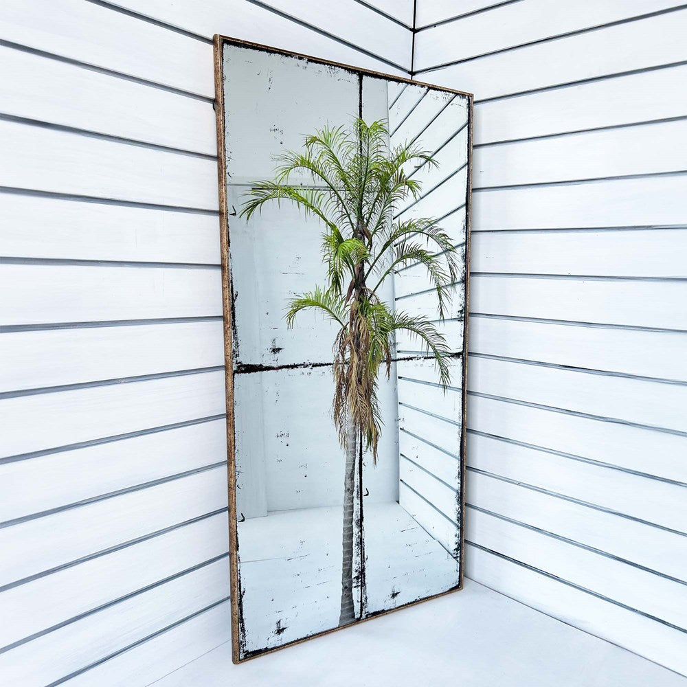 Decorative mirror with a palm tree on a distressed mirrored background