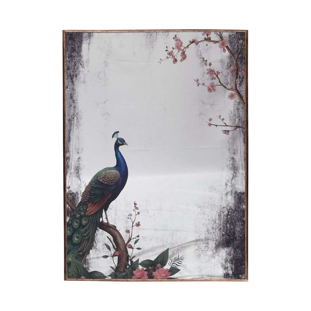 Decorative mirrored wall art with a peacock and floral elements on a textured background