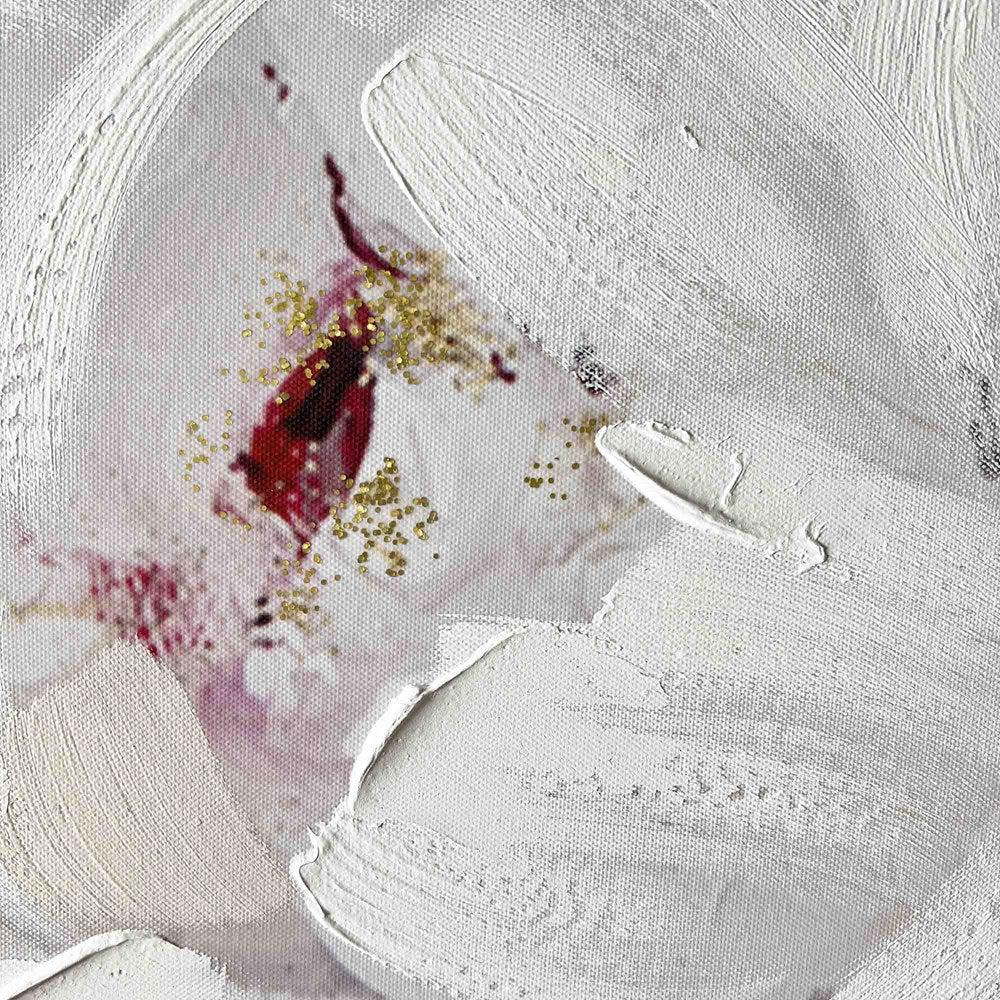 Abstract art with red and gold elements on a textured white background