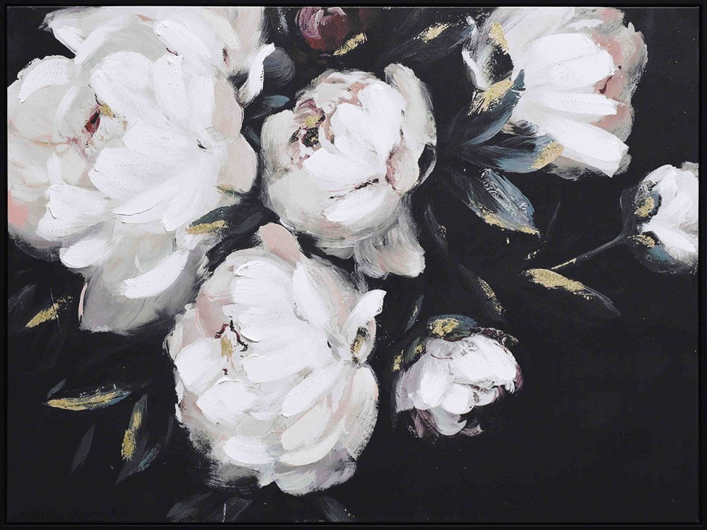 Artistic depiction of white flowers with gold accents on a black background