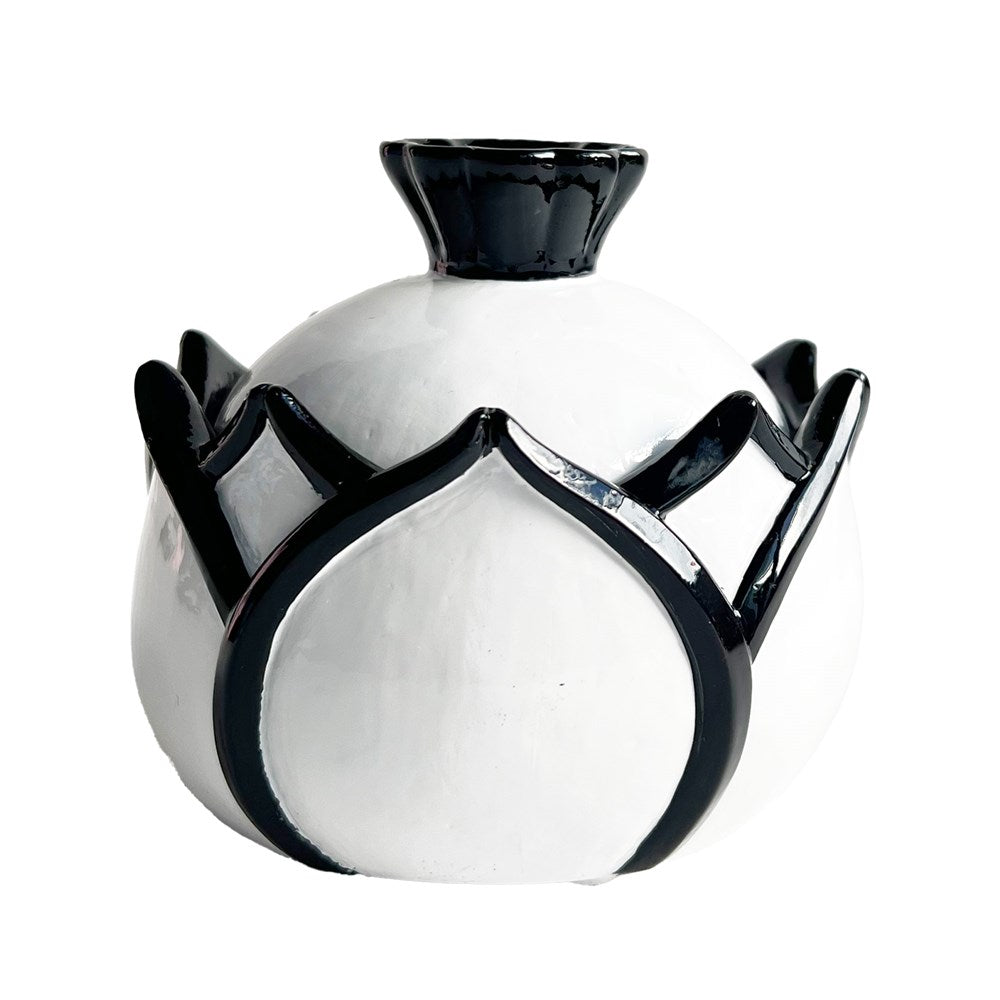 Decorative trinket box white and black petal design on a white background