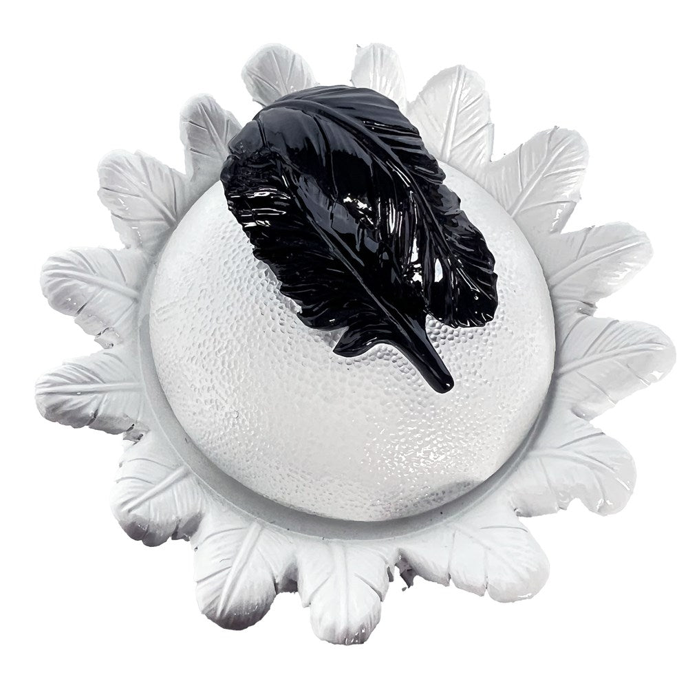 Black feathered lid on top of white trinket box