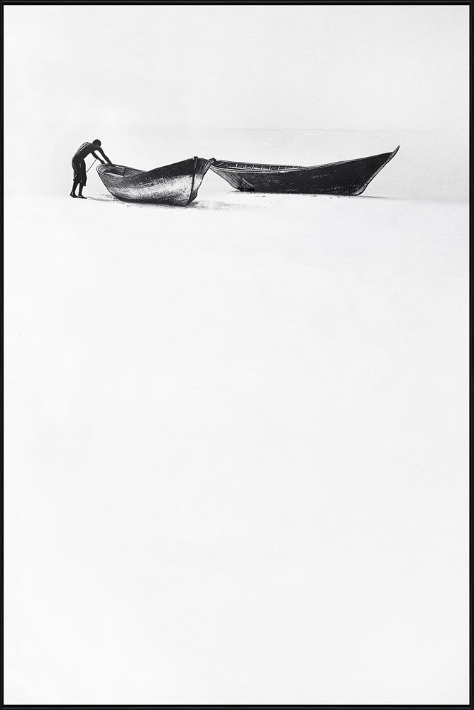 Black and white canvas print of a person interacting with a  two small boats on a plain background