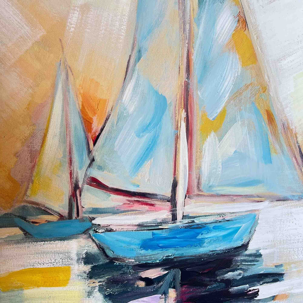 Abstract painting of sailboats with colourful brush strokes