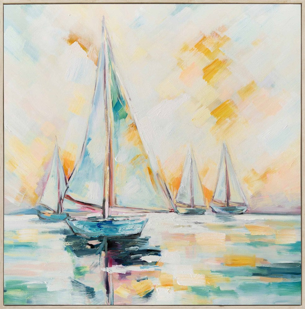 Painting of sailboats on a colour background