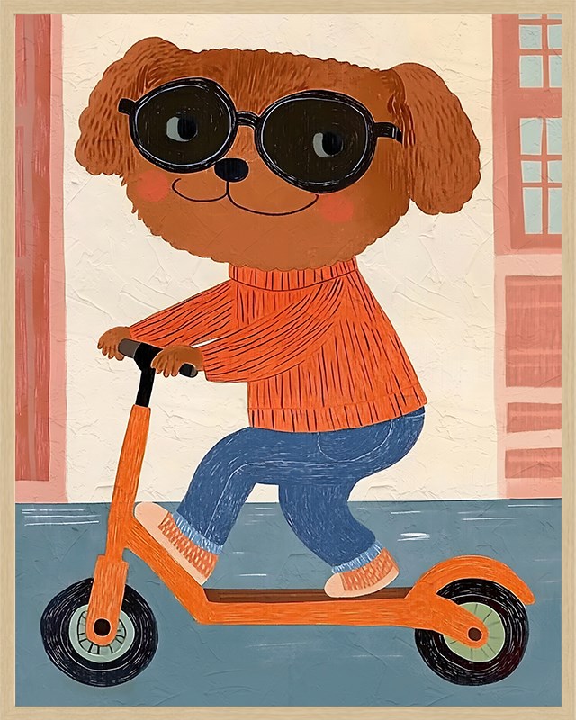 Illustration of a dog riding a scooter with sunglasses and an orange sweater.