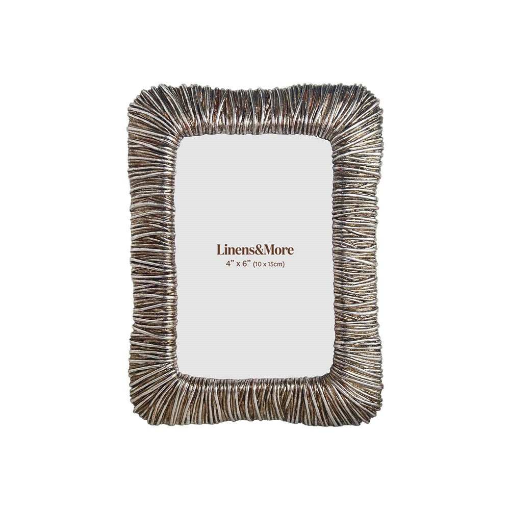 Rectangular photo frame with textured silver border on a white background
