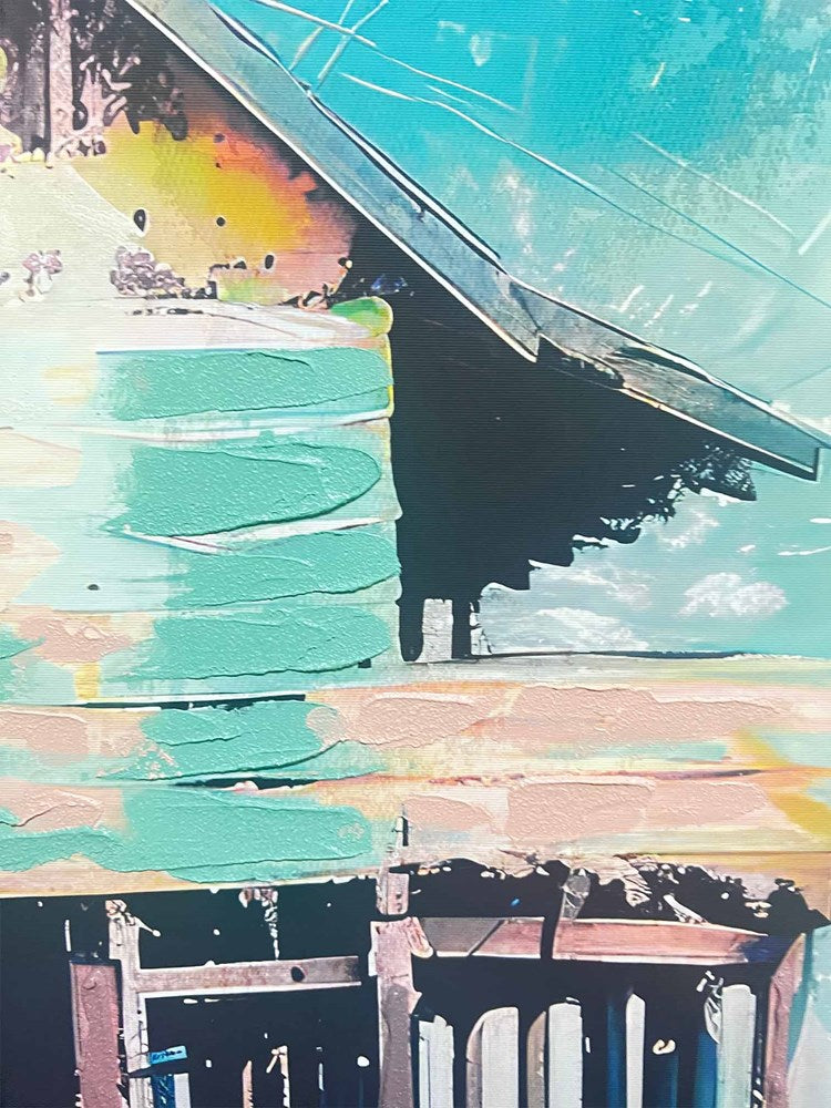 Close up of cabin with colourful brush strokes