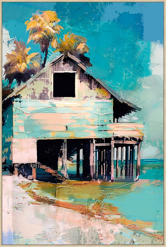 wooden cabin on stilts with a colourful abstract background