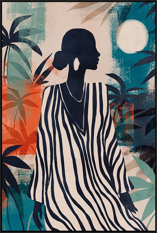 Artistic depiction of a woman in a zebra-striped dress with tropical foliage and a moon in the background.