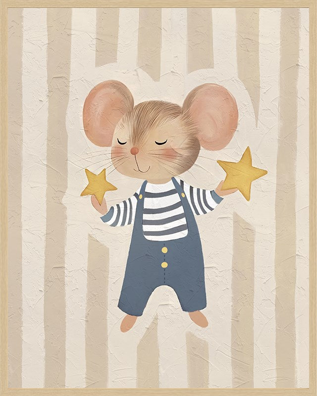 Illustration of a mouse holding two stars against a striped background