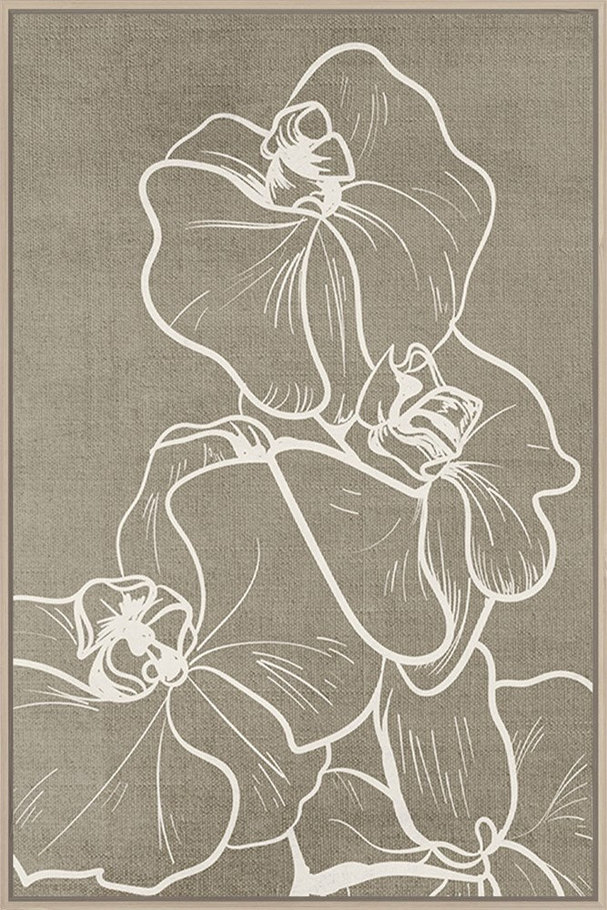 Decorative canvas art with white floral outline on a beige background