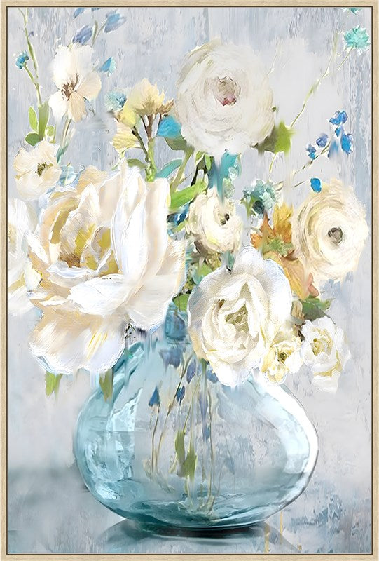 Decorative painting of a vase with white flowers on a light blue background