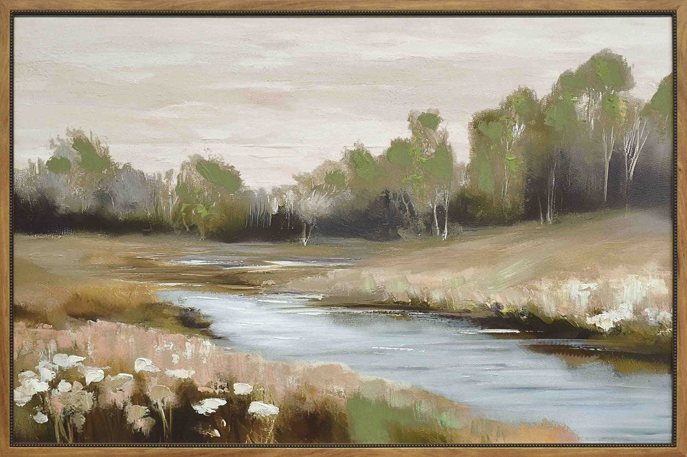 Painting of a landscape with a river and trees