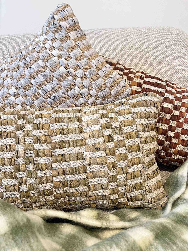 LISMORE COGNAC LEATHER AND JUTE CUSHION  30X50CM