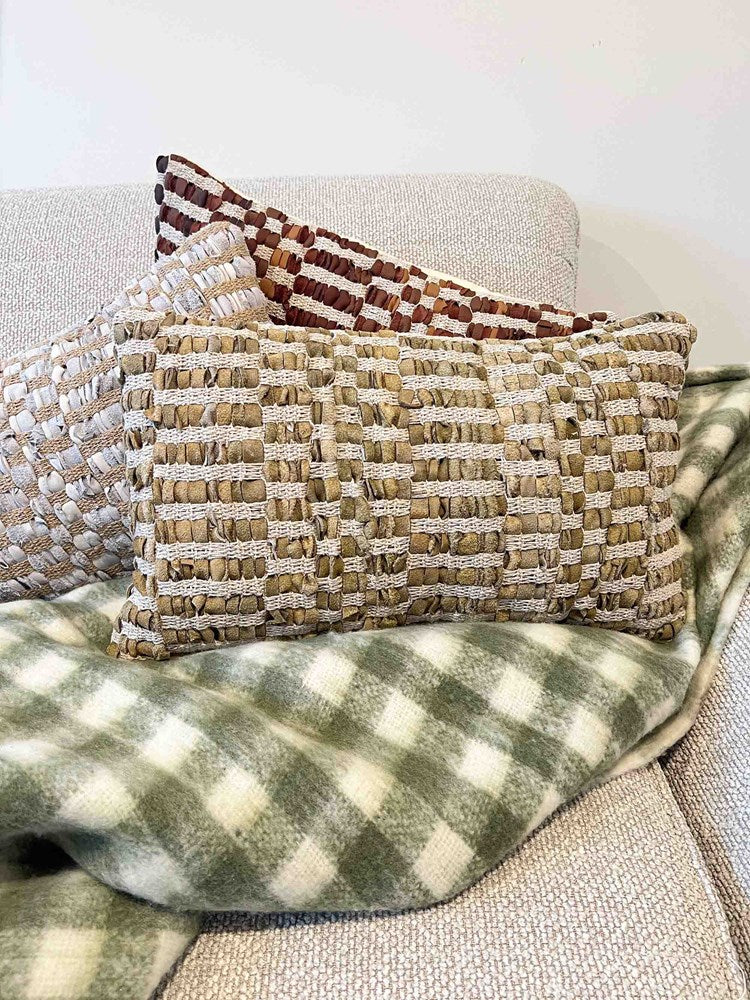 LISMORE LIMESTONE BLUE LEATHER AND JUTE CUSHION 30X50CM
