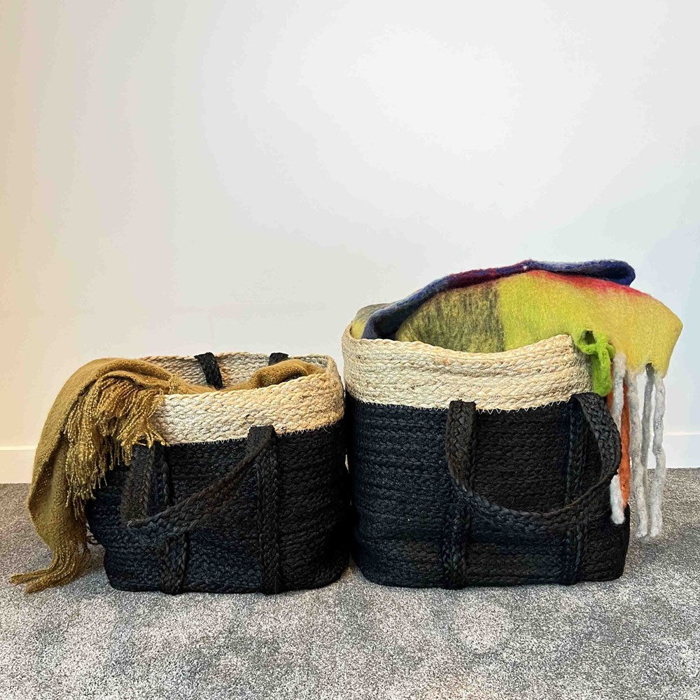 JUTE BASKETS W/LONG HANDLES SET OF 2 BLACK/NATURAL